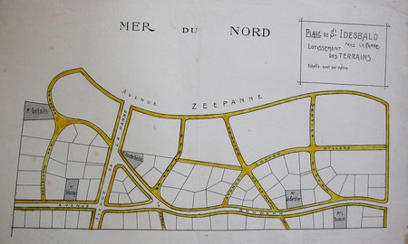 Verkaveling te Sint-Idesbald, Koksijde, algemeen aanlegplan in geel gekleurd door Yves Dumont (© Fondation CIVA Stichting/AAM, Brussels)