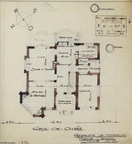 Koksijde, ontwerp van een villa, grondplan gelijkvloers, archieven familie Hamesse